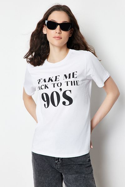 Trendyol Collection White 100% Cotton Premium Crew Neck Printed Regular/Regular Fit Knitted T-Shirt TWOSS24TS00078