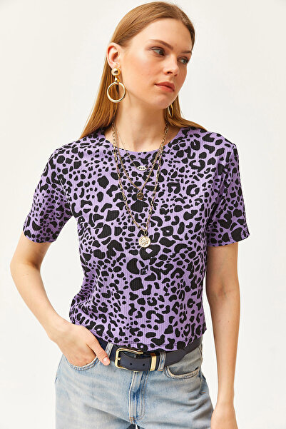 Olalook Kadın Leopar Lila Fitilli Crop Örme Tişört TSH-19000328