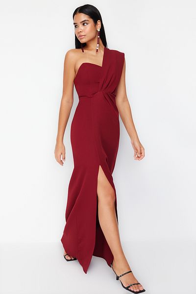 Trendyol Collection Burgundowa, ozdobna, tkana, elegancka sukienka wieczorowa na studniówkę TPRSS21AE0185