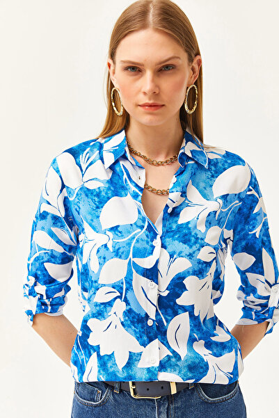 Olalook Women's Saks Blue Watercolor Effect Woven Shirt GML-19001178