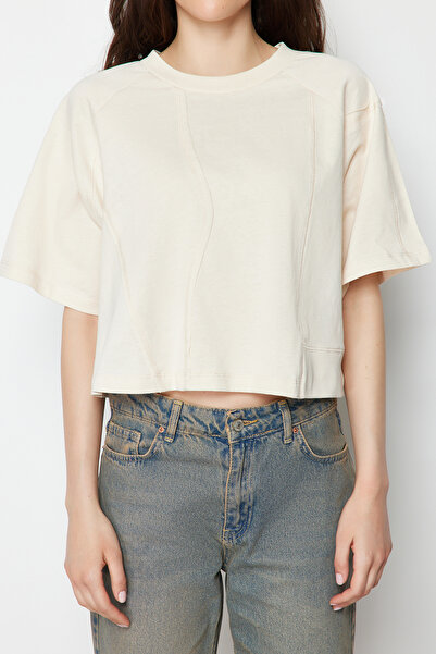 Trendyol Collection Stone 100% Thick Cotton Cut-Out Detail Relaxed/Casual Fit Crop Knitted T-Shirt Twoss24Ts00025