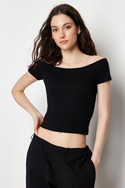 Trendyol Collection 2 Pack Black White Striped-Black Plain Carmen Collar Crop Stretchy Knitted Blouse TWOSS24BZ00310