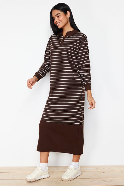 Trendyol Modest Knitted Striped Oversize Polo Collar Dress - Brown TCTSS24EB00121