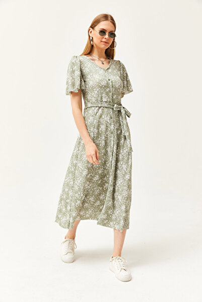 Olalook Dámské zelené, sedmikráskové, pletené šaty s výstřihem do V a páskem ELB-19002048