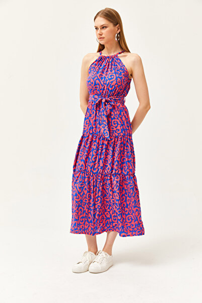 Olalook Γυναικείο Ethnic Φούξια Σακς Φόρεμα με γιακά Καπίστρι Ζώνη, Υφαντό Βισκόζη ELB-19001548