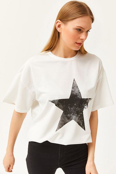 Olalook Damska koszulka w kształcie gwiazdki w kolorze ecru z przodu i tyłu, z nadrukiem, 2 nitkami, unisex, oversize TSH-19000696