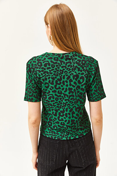 Olalook Γυναικείο Leopard Emerald Green Ribbed Crop Knitted T-shirt TSH-19000328