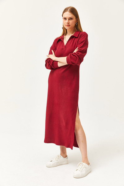 Olalook Dámske bordové rebrované midi šaty s polo výstrihom ELB-19002050