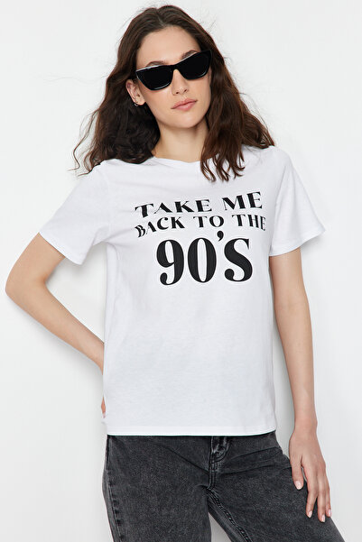 Trendyol Collection White 100% Thick Cotton Premium Crew Neck Printed Regular Fit Knitted T-Shirt Twoss24Ts00078