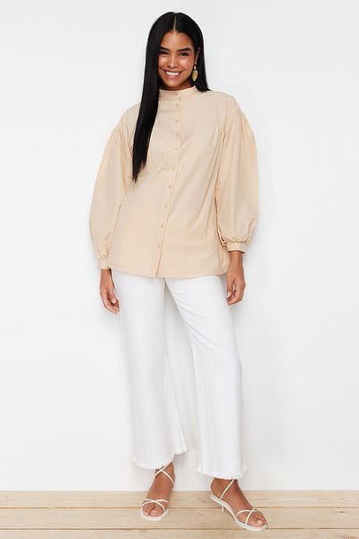 Trendyol Modest Stone Gathering Detailed Cotton Basic Woven Shirt TCTSS24TG00055