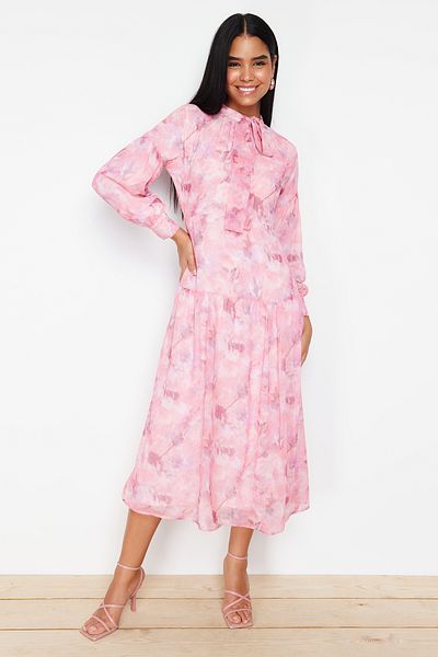 Trendyol Modest Pink Lined Floral Patterned Belted Woven Dress TCTSS24EB00075