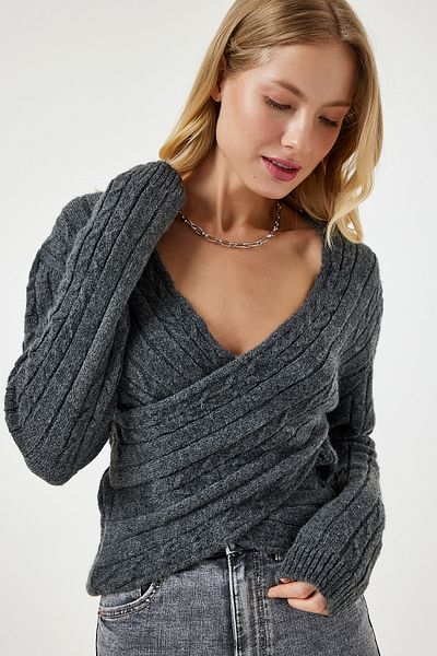Happiness İstanbul Women's Anthracite Wrap Collar Seasonal Knit Sweater PF00070