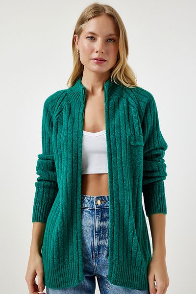 Happiness İstanbul Dunkelgrüne Strickjacke mit Reißverschluss für Damen DD01301