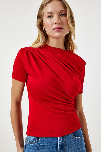 Happiness İstanbul Damen-Bluse aus Viskose mit Raffung und Details in Rot FF00156
