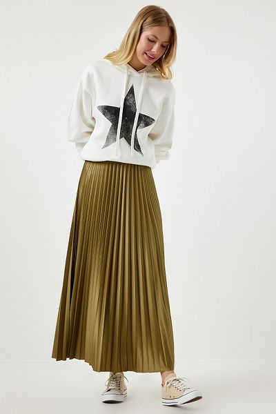 Happiness İstanbul Women's Dark Oil Green Bright Surface Pleated Knitted Skirt LJ00002