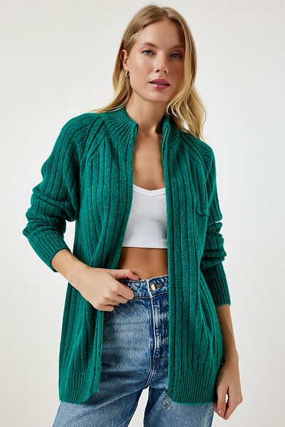 Happiness İstanbul Dunkelgrüne Strickjacke mit Reißverschluss für Damen DD01301
