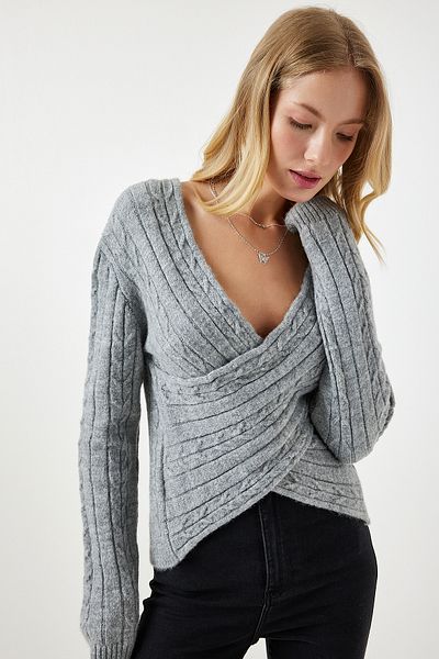 Happiness İstanbul Women's Gray Wrap Collar Seasonal Knitwear Sweater PF00070