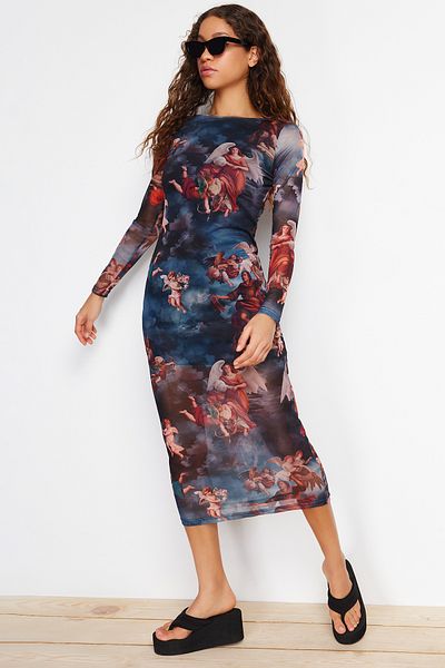Trendyol Collection Multicolor Crew Neck Printed Lined Fitted Tulle Midi Knitted Knitted Dress TWOAW24EL00605