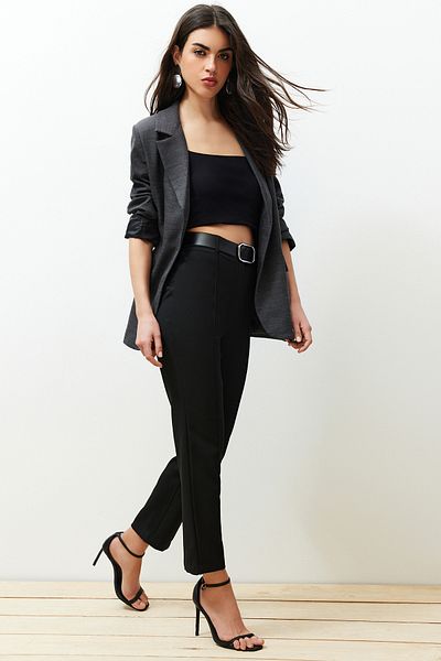 Trendyol Collection Black Belted Cigarette Pattern Woven Trousers TWOSS24PL00081