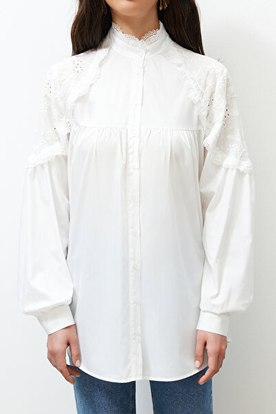 Trendyol Modest Ecru vyšívaná bavlněná košile TCTSS24TG00026
