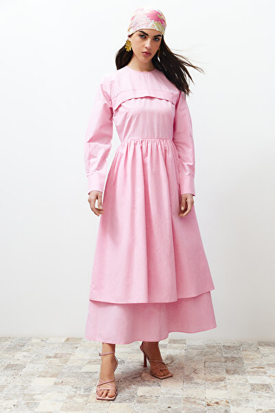 Trendyol Modest Ροζ μπροστινό λεπτομερές απλό ύφασμα φόρεμα TCTSS24EB00144