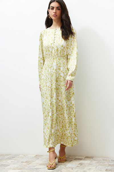 Trendyol Modest Ανοιχτό πράσινο φλοράλ μπροστινό φόρεμα με λεπτομέρεια υφαντό TCTSS24EB00087