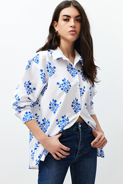 Trendyol Collection Ecru Floral Printed Oversize/Wide Fit Woven Shirt TWOSS24GO00094