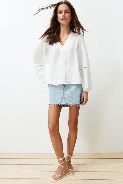 Trendyol Collection Ecru Collar Ruffle and Lace Detailed Woven Blouse TWOSS24BZ00167