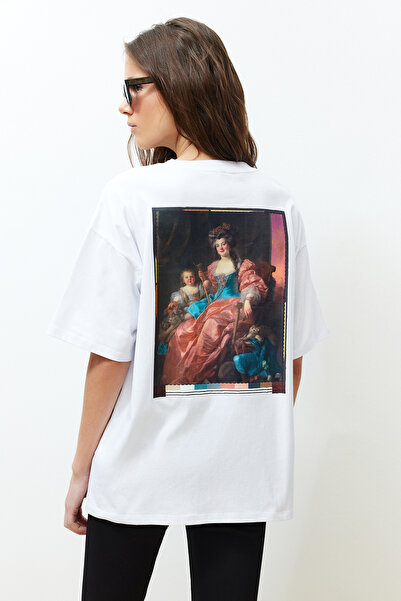 Trendyol Collection White 100% Thick Cotton Oversize/Wide Fit Back and Front Printed Knitted T-Shirt Twoss24Ts00060