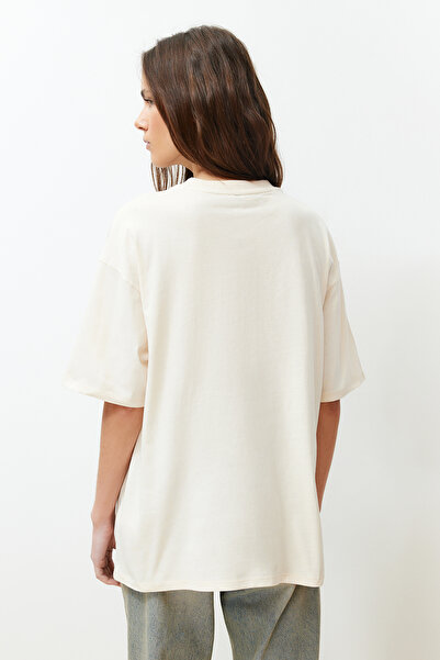 Trendyol Collection Stone 100% Cotton Color Blocked City Printed Oversize/Wide Cut Knitted T-Shirt TWOSS24TS00079