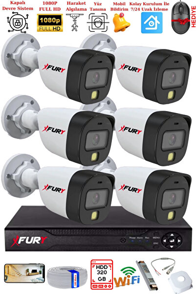 FURY 6 Kameralı 5Mp Lens 2 Mp Görüntü Gece Renkli Full Hd Ultra Led Akıllı Güvenlik Kamerası Seti 320GB