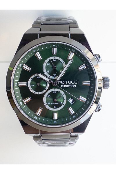 Ferrucci FCF14168FM.05 Men's 43mm steel wrist watch with Ferrucci green dial and dual time