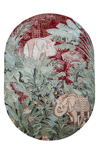 Rugs Modern Halı Berlin 1739 Oval Kırmızı Fil Figürlü Tropikal Tema Dokuma Ta...