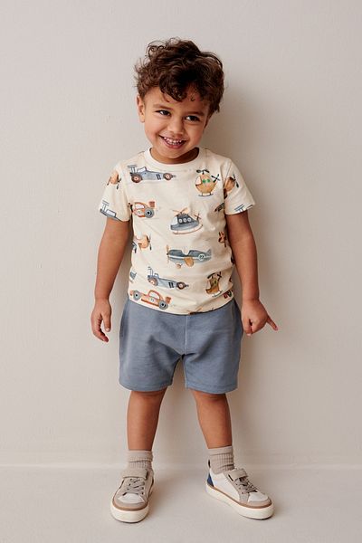 Next Baby 100% Cotton Ecru Vehicles Printed Top and Bottom Set with Shorts