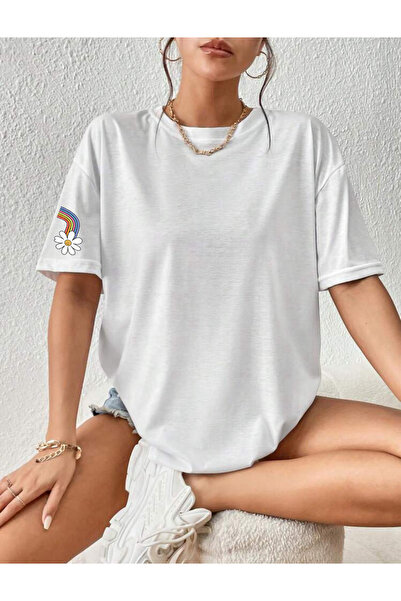 FAVORİST Tricou oversize din bumbac imprimat cu curcubeu și margarete