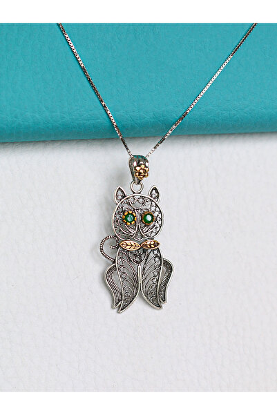 Mutlu Gümüş Telkari Kedili Kolye