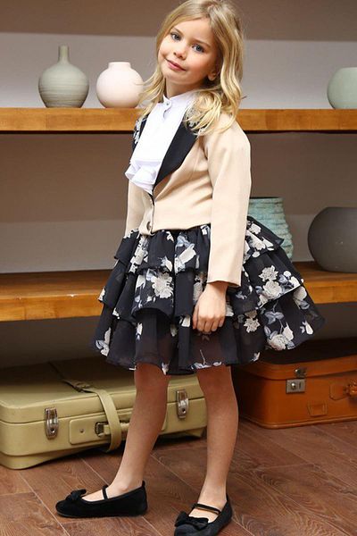 Riccotarz Girl's Floral Patterned KatKat, Atlas Fabric Skirt Beige Jacket Skirted Suit