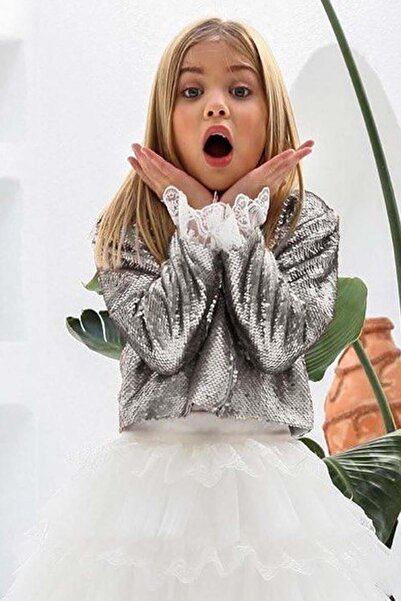 Riccotarz Girl's Layered Tulle Skirt and Sequin Coated Silver Jacket Skirt Set