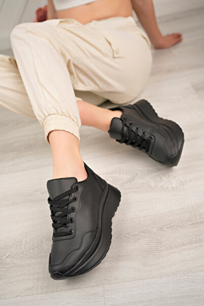 Nexs Pantofi sport cu șireturi, piele neagră, cu talpă curbată