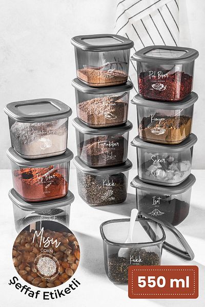 Vienev White Screen Printing Labeled Square Food Storage Container with Spoon Set of 12 Small Size 0.55 Liters