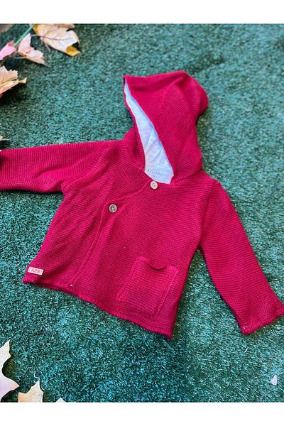 Aziz Bebe Knitwear Hooded Buttoned Cardigan Combed Cotton Inside