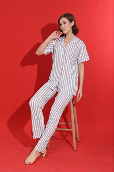 MEBA Set pijama cu mânecă scurtă, cu nasturi în față, în dungi alb, gri Victoria