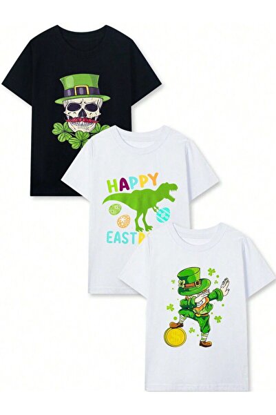 MORNİNG KİDS Fată-Băiat Pachet 3 Tricou imprimat Negru-2Alb