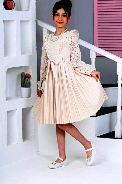 İ&K ŞIMARIK KİDS Piliseli Çantalı Kolyeli Kuşaklı  Dantel Elbise