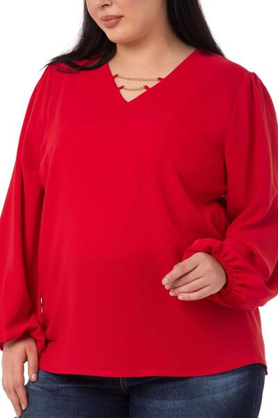 DISENTIS MODEST Plus Size Red Blouse with Chain Detail on Collar and Elastic Sleeves