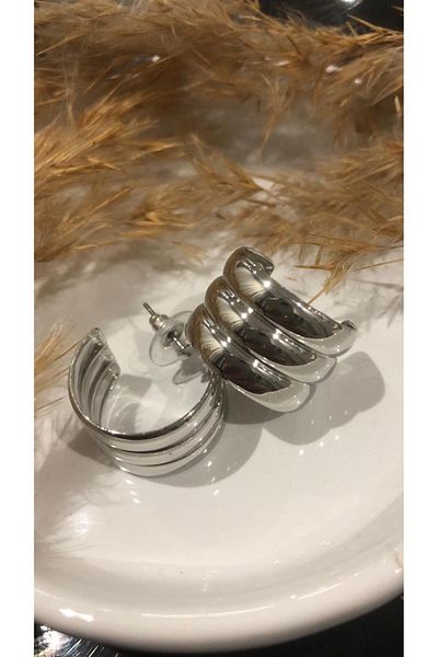 designforqueen Curved Three Row Hoop Silver Steel Earrings