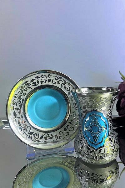 DECOSTYLE Destan Silver Plated Turquoise Blue Filled Handcrafted Pearls 12 Piece Glass Tea Set