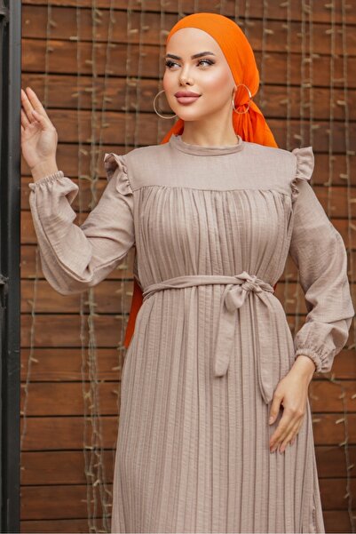 Bestenur Frilly Pleated Dress 777 - Stone