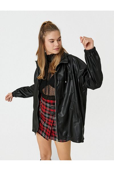 Koton Faux Leather Raincoat Hooded with Pockets