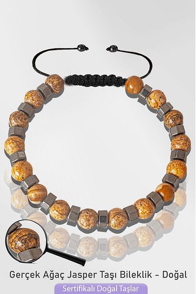 Tesbih Atölyesi Certified Silver Hematite Earth Tree Brown Jasper Stone Bracelet - Adjustable
